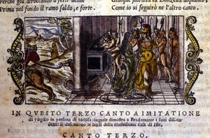 布拉达曼特遇到了魔术师梅利斯，他告诉她她和罗杰 (Ruggero, Ruggiero) 建立了埃斯特王朝，场景取自 Ludovico Ariosto (1474 - 1533) 的骑士诗“Orlando Furioso”（The Furious Roland），dit L