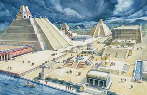 金字塔上的云彩，Templo Mayor，Tenochtitlan，墨西哥城，墨西哥（彩色平印）。