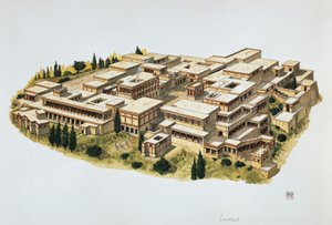 克诺索斯宫的重建，克里特岛，公元前20世纪（彩色平印）。