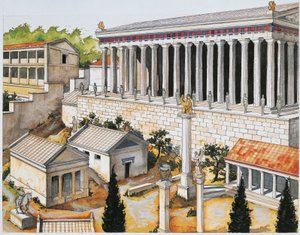 公元前 8 至 3 世纪德尔斐阿波罗圣殿的重建（彩色石版画）