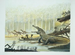 三叠纪时期的Rutiodon和背景中的Fabrosaurus（彩色平印）。 作者 学校意大利语