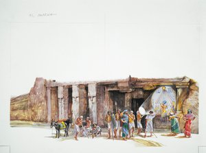 Tell el-Amarna - 重建对阿顿神的崇拜，被描绘成太阳圆盘（彩色平版印刷）。 作者 学校意大利语