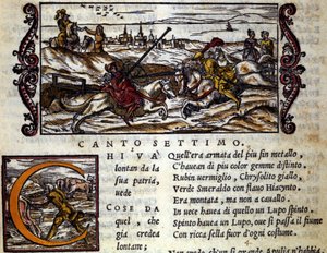 骑在狼身上的巨型 Eryphila 与罗杰 (Ruggero, Ruggiero) 战斗 - Ludovico Ariosto (1474 - 1533) 的骑士诗“Orlando Furioso”（The Furious Roland）的场景，名为 L