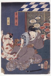 孩子索姆基在恳求；母亲持剑向后倒下（彩色木刻） 作者 学校日语
