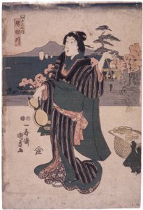 江户名所内：隅田川（拿着葫芦的女人）（彩色木刻） 作者 学校日语