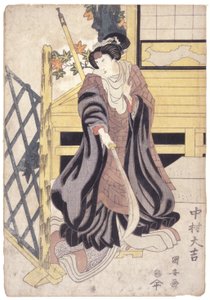 中村大吉，持戟的女性角色（彩色木刻） 作者 学校日语
