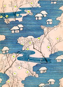和服设计图案：有河流和樱花的小屋，约 1900 年（彩色木刻版画）