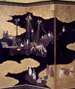 "葡萄牙 "屏风：表现16世纪葡萄牙耶稣会传教士抵达日本的情况。细节。由狩野学校（？）实现。1593-1600.里斯本古代艺术博物馆 作者 日本学校