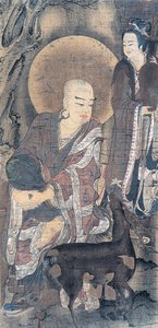 描绘年轻和尚与母鹿的宗教画，绢本绘画，日本文明，平安时期，794-1185年 作者 学校日语