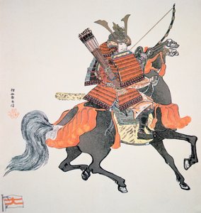 旧日本的武士手持弓箭（彩色平版印刷）。