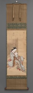 带风扇的坐姿女性 作者 日本学校