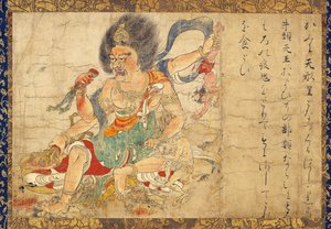 Tenkeisei，天罚之神 - 选自被称为 "灭恶 "的五幅卷轴系列 - 佚名作品，纸面水粉画