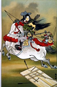 朋江，日本源氏和平氏时期的勇敢的女战士（彩色平版印刷）。