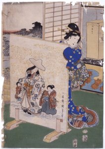 女人站在 Tsuitate 后面，画有 S.“Kunisada”（彩色木刻） 作者 学校日语