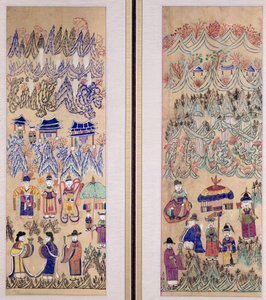 描绘 "萨满教绘画 "的两幅八折屏风（纸质天然颜料） 作者 学校韩语