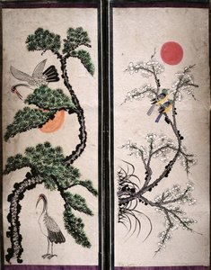 两幅描绘花鸟的八折屏风（纸面天然颜料）