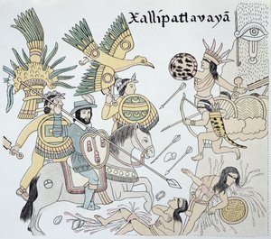 Xallipatlavaya 战役中西班牙人与阿兹特克人之间的战斗，来自约 1550 年墨西哥印第安画史《Lienzo de Tlaxcala》的摹本的插图