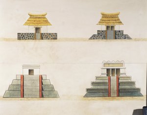 特诺奇蒂特兰（Tenochtitlan）建筑的历史重建（彩色平版印刷）。