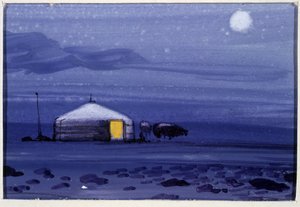蒙古包，夜色 - 蒙古水彩画 作者 学校蒙古语