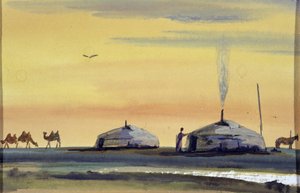 蒙古包和骆驼 - 蒙古水彩画 作者 学校蒙古语