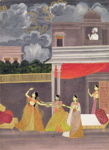 一位女士在夜间从暴风雨中被带入：来自音乐模式的插图Madhu Madhavi，约1760年（纸上水粉画）。