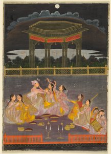 王子在晚上的露台上与宫廷女性一起庆祝胡里节；背面：绝句书法c。 1760年（纸上不透明的水彩和金色（矩形）；纸上的墨水，四行波斯诗歌（反之））