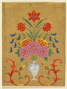 插花和卷轴纹花瓶，约 1750-1800 年（纸面不透明水彩金彩）