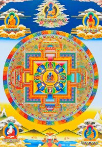 Akshobhya Mandala，描绘了镇静的佛陀作为 Bhumi Sparsa Mudra，大地见证了他的启蒙（布上水粉画）