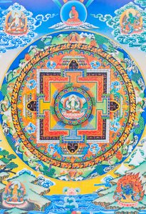 Chenresi 曼陀罗；中心人物描绘的是阿弥陀佛的天身化身--慈悲佛，始终亲近受苦受难的众生（布面水粉画）