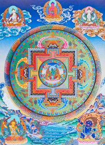 绿色度母曼荼罗描绘了母性保护者免受存在海洋中所有危险的影响（布上水粉画）
