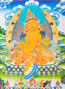 描绘财神像，黄色的财神是宝生佛的化现，象征着物质世界的财富（布上水粉画）