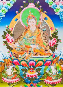 描绘莲花生大师或仁波切的图像，他是被神化的西藏密宗使徒，据说能战胜鬼神（布面水粉画）。