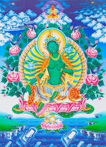 描绘绿色度母的图像，她是远离存在海洋中所有危险的母性保护者（布上水粉画）