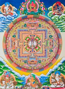 曼陀罗千手观音；神圣而神奇的圆圈，描绘了象征无限慈悲的十一头菩萨（布面水粉画）