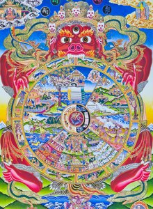 生命之轮曼陀罗，描绘时轮金刚或阎摩口中所持的迷惑存在，死神代表出生、死亡和重生（布上水粉画）