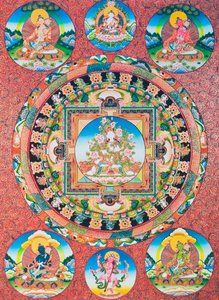 白度母曼陀罗；佛教万神殿中的七眼女神，代表慈悲女神和人类的保护神（布面水粉画）