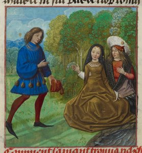 哈雷 4425 f.90v 《情人与 Richesse（财富）相遇》，选自 Guillaume de Lorris 和 Jean de Meun 的 Roman de la Rose，约 1490-1500 年（牛皮纸） 作者 学校荷兰语