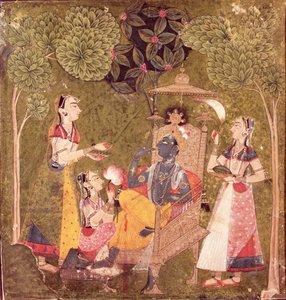 克里希纳和少女，喜马偕尔邦，帕哈里画派，约 1710 年（纸面水彩画） 作者 帕哈里学校
