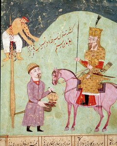 伊斯兰艺术：刺穿和斩首的敌人。 来自 Ferdowsi（Firdawsi，或 Ferdawsi，或 Firdousi，约 940 年至 1020 年）的史诗“Shahnameh”（Shah Nama，Shahnama）（国王之书）手稿的波斯缩影。那不勒斯国家图书馆