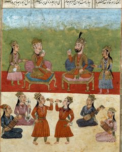 伊斯兰艺术：后宫的音乐会和娱乐。 来自 Ferdowsi（Firdawsi，或 Ferdawsi，或 Firdousi，约 940 年至 1020 年）的史诗“Shahnameh”（Shah Nama，Shahnama）（国王之书）手稿的波斯缩影。那不勒斯国家图书馆 作者 School Persian