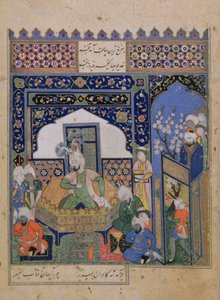 Or.2838 f.20v 帖木儿在巴尔赫登基，波斯文（牛皮纸） 作者 School Persian