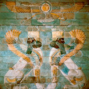 波斯艺术鲁埃尼德：琐罗亚斯德教神祇阿胡拉·马兹达 (Ahura Mazda) 的两只雄头狮身人面像（或狮子）。 来自伊朗苏萨（雕塑）