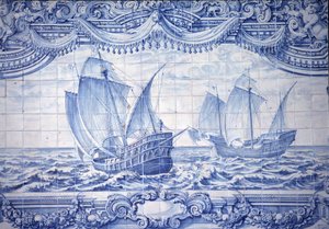 葡萄牙里斯本周围 15 至 17 世纪的帆船，azulejos。 作者 葡萄牙语学校