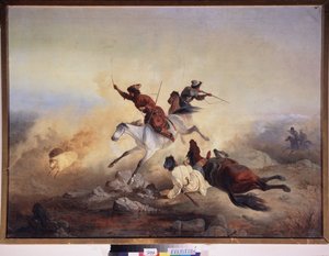 掠夺性攻击。1830 年至 1860 年间，俄罗斯军队和高加索战士在达盖斯坦（达吉斯坦）山区进行的马背上的战斗和追击。俄罗斯大师的油画作品。俄罗斯艺术 作者 学校俄语