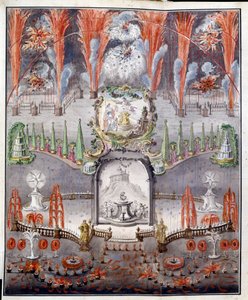 1747 年 9 月 17 日在戈斯蒂利奇（俄罗斯）的焰火和照明。佚名作品，水彩上色铜版画，18 世纪中期。俄罗斯艺术 作者 学校俄语