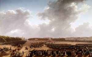 在香榭丽舍大街上的游行，前景是亚历山大-普希金（Pushkin）（1799-1837）和尼古拉一世（1796-1855）骑着马坐着马车去巴黎的帝国大厦前的游行 俄罗斯画派的绘画。1825-1830.圣彼得堡，博物馆 作者 学校俄语