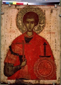 塞萨洛尼卡的圣德梅特里奥斯（Saint Demetrios of Thessalonica）肖像，4 世纪基督教殉道者。15 世纪的俄罗斯圣像。木板上的钢笔画。圣彼得堡，俄罗斯国家博物馆 作者 学校俄语