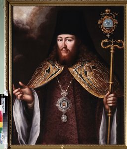Archimandrite Gedeon Krinovsky（1726-1763 年）（东正教修道院院长（住持）肖像，头戴 Klobouk（头饰）和代表裹尸布的胸饰）。俄罗斯大师的油画作品，布面油画 作者 学校俄语