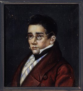 剧作家亚历山大-谢尔盖耶维奇-格里博耶多夫（Alexander S. Griboyedov）（1795-1829 年）的肖像。俄罗斯大师的作品，牛角上的水彩和水粉画，约创作于 1820 年。俄罗斯艺术 作者 学校俄语