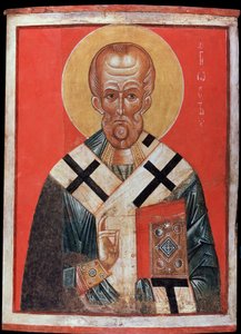 圣尼古拉（或迈拉的圣尼古拉或巴里的圣尼古拉，270-345 年）（Saint Nicholas）。俄罗斯圣像，木板钢笔画，13 世纪末 14 世纪初，诺夫哥罗德（俄罗斯）艺术。圣彼得堡国家冬宫。 作者 学校俄语